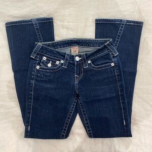 True Religion Joey Low rise Bootcut Jeans in Blue Dark Wash with White Stitching